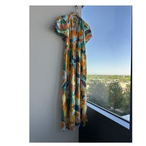 ABLE THE LABEL Maxi Dress Multicolor Abstract Long Flutter V-Neck Smocked L